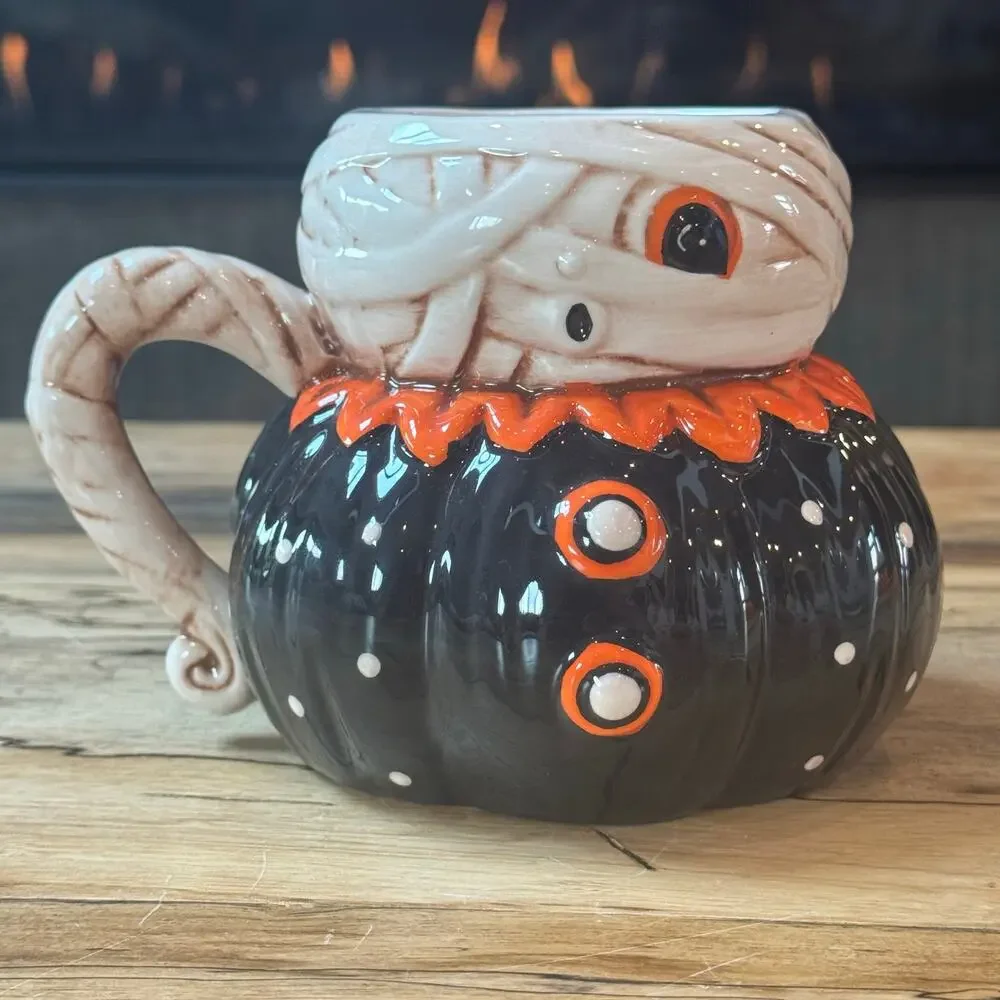 Johanna Parker Designs Halloween Mummy Pumpkin Mug Transpac Ceramic Folk Art New